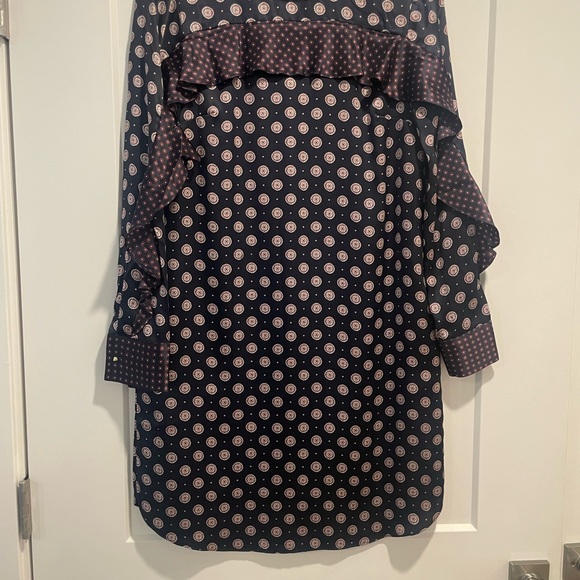 Banana Republic Navy Silk Dress with Geometric Red & White Pattern. - Picture 6 of 13